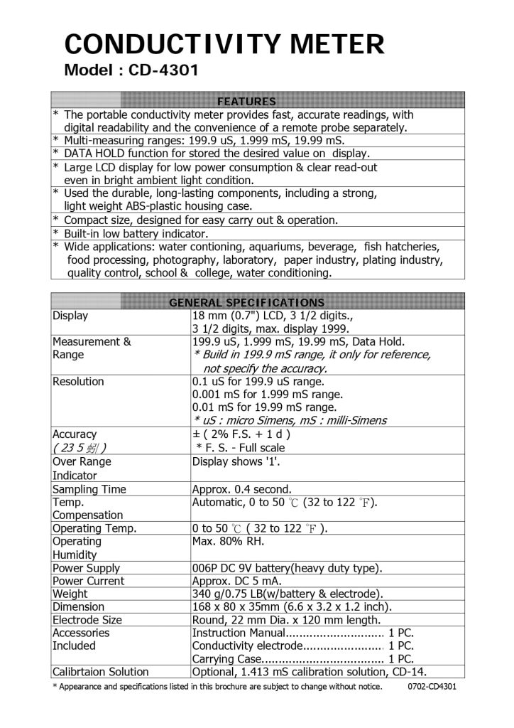 Conductivity Meter (Accurate) CD-4301 | Lutron Taiwan